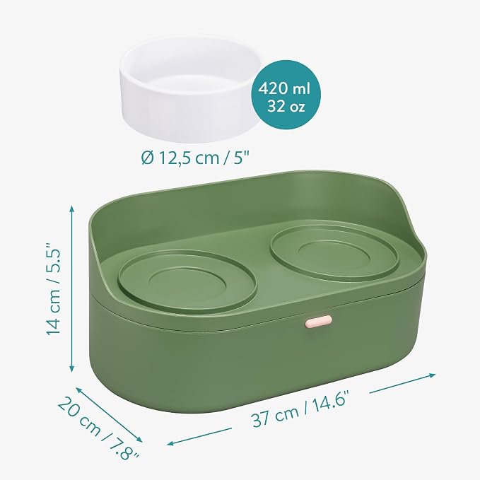 Navaris Pet Feeding Station with 2 Bowls | Elevated Dog & Cat Feeder with Food Storage | Raised Stand | Green | Full Master Case of 6