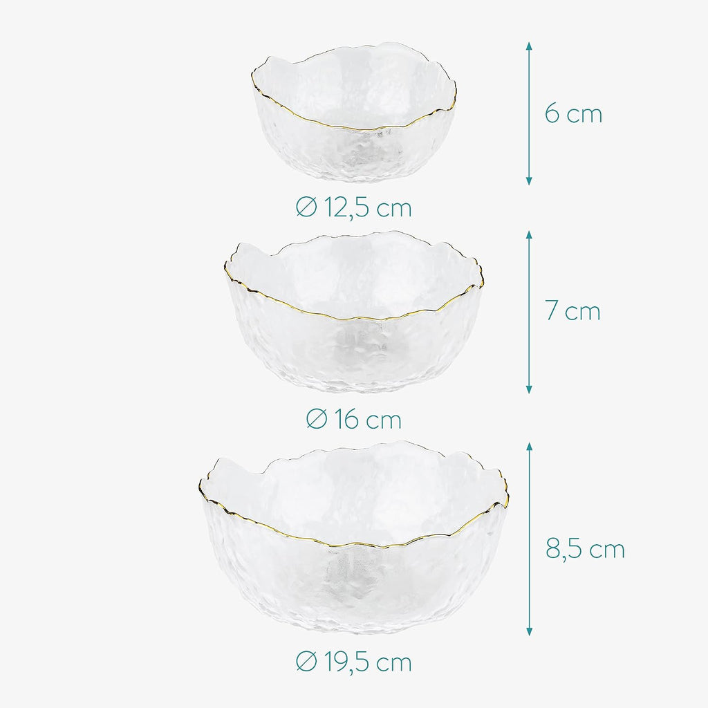 Navaris Glass Serving Bowls Set of 3 with Gold Edge | Tempered Glass Dessert Bowls | Full Master Case of 4