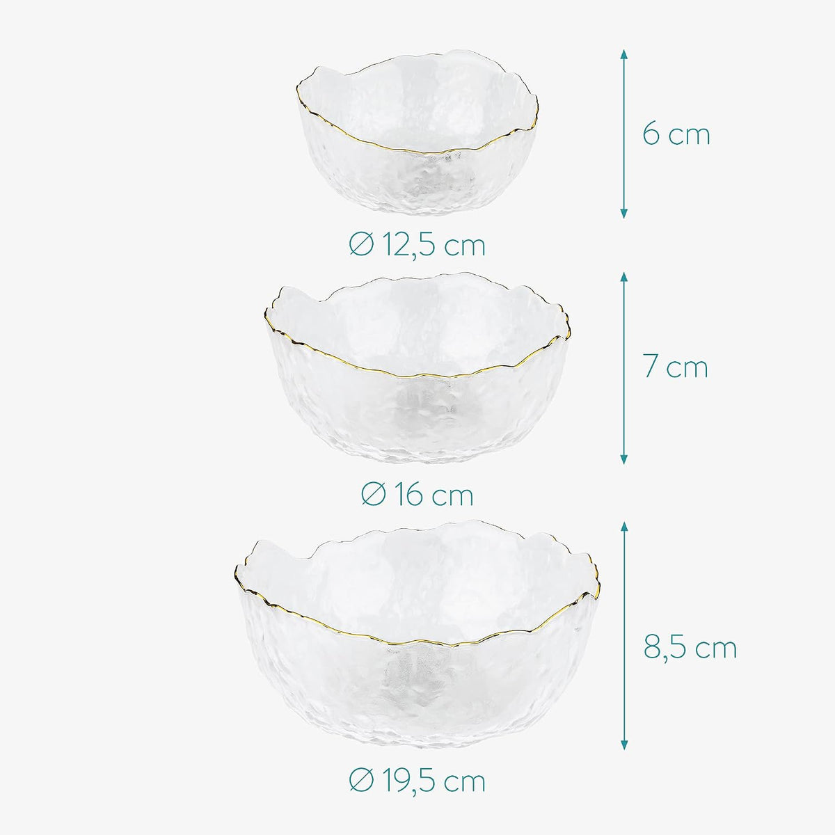 Navaris Glass Serving Bowls Set of 3 with Gold Edge | Tempered Glass Dessert Bowls | Full Master Case of 4