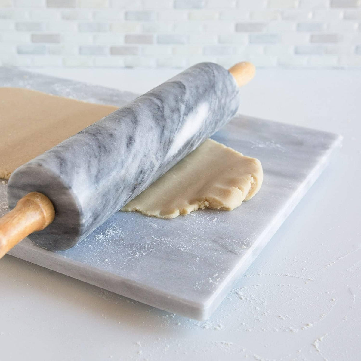 Navaris Marble Rolling Pin with Wooden Handles & Stand - White - Full Master Case of 8