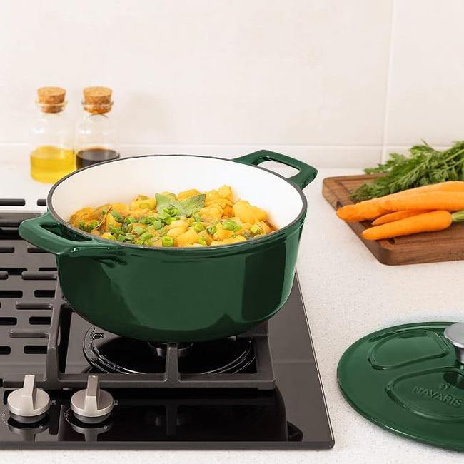 Navaris Cast Iron Pot Stewing Pot Cooking Pot 2.5 L Diameter 20 cm Enamelled Temperature Resistant Dishwasher Safe All Food and Cooking Surfaces - Green - Full Master Case of 2 Main Image