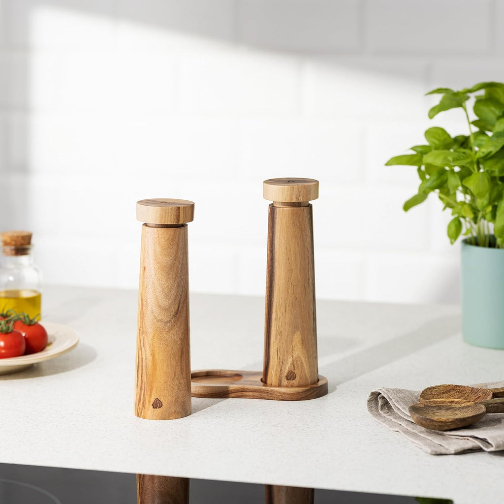 Navaris Adjustable Acacia Wood Salt & Pepper Mill Set with Tray - Ceramic Grinder - Full Master Case of 12