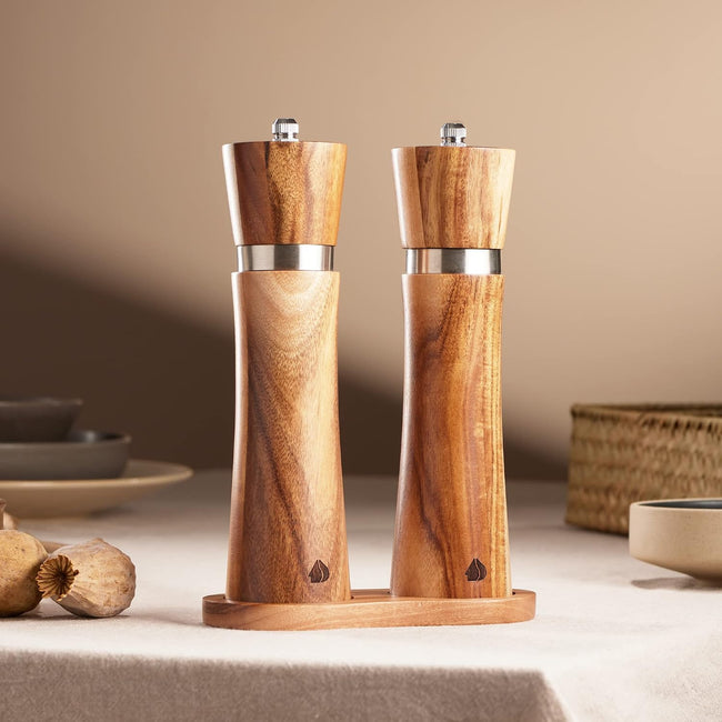Navaris Acacia Wood Salt & Pepper Grinder Set with Tray - Adjustable Ceramic Mills, 21.3 cm (8.4") - Full Master Case of 12 Main Image