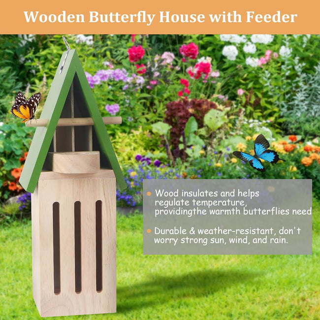 Navaris Butterfly Feeder Garden Kit | Wooden Butterfly House with Natural Stand & Water Plate | Garden Butterfly Attractor | Full Master Case of 12 Main Image