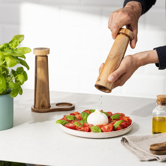 Navaris Adjustable Acacia Wood Salt & Pepper Mill Set with Tray - Ceramic Grinder - Full Master Case of 12 Main Image