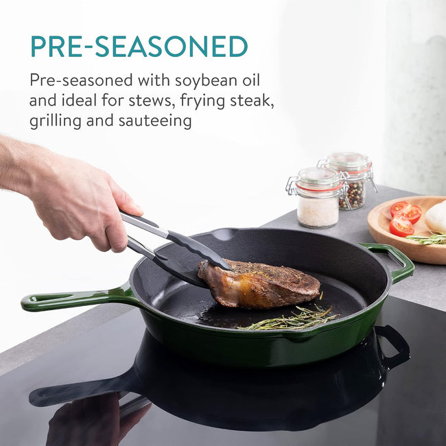 Navaris Enameled Cast Iron Skillet 12" (30cm) | Pre-Seasoned Frying Pan with Helper Handle | Green | Case of 3 Main Image