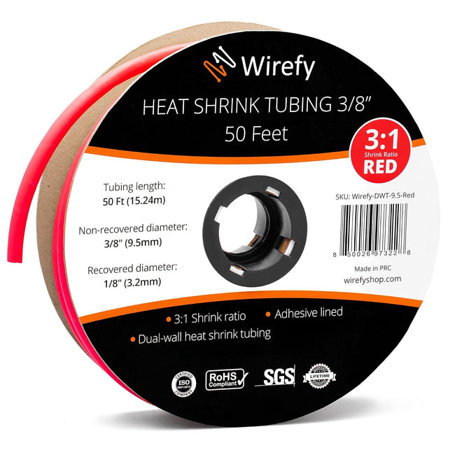 Wirefy Heat Shrink Tubing with Adhesive | 15m Double-Walled Heat Shrink Tube | 3:1 Shrink Ratio | 2.4mm Diameter | Red | Full Master Case of 48 Main Image