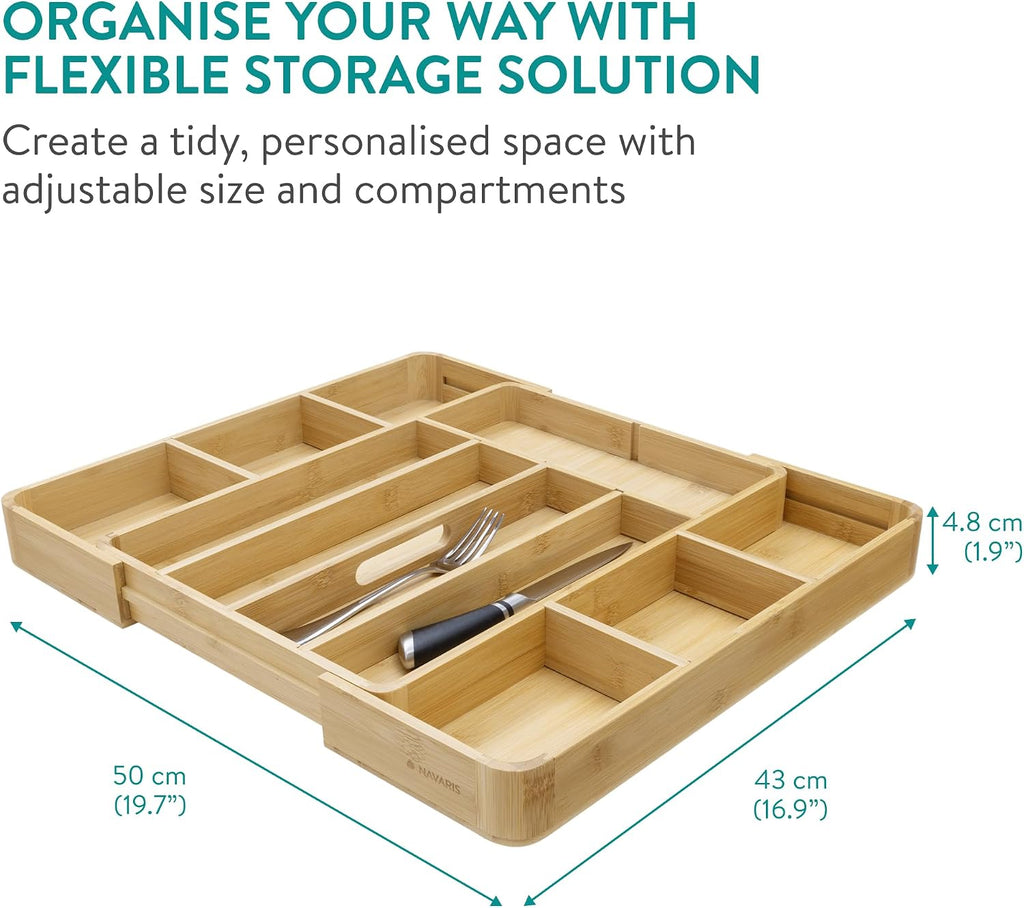Navaris Bamboo Expandable Kitchen Drawer Organizer - 11-Slot Cutlery & Utensil Tray - Full Master Case of 5