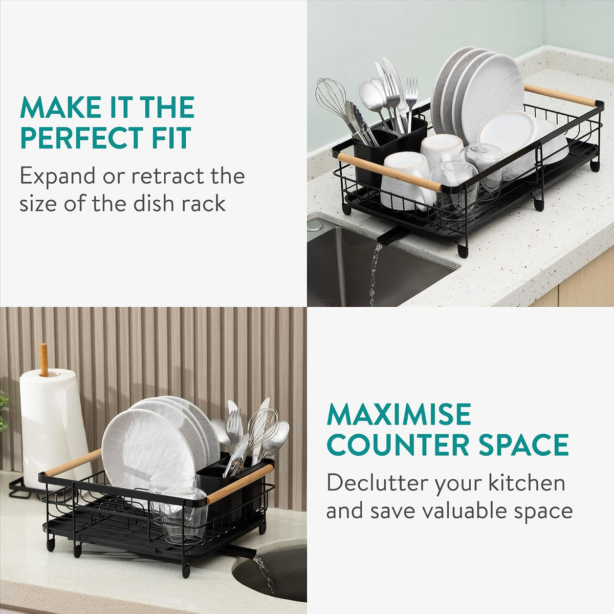 Navaris Expandable Dish Rack with Draining Board, Plate & Cutlery Holder - Black - Full Master Case of 3