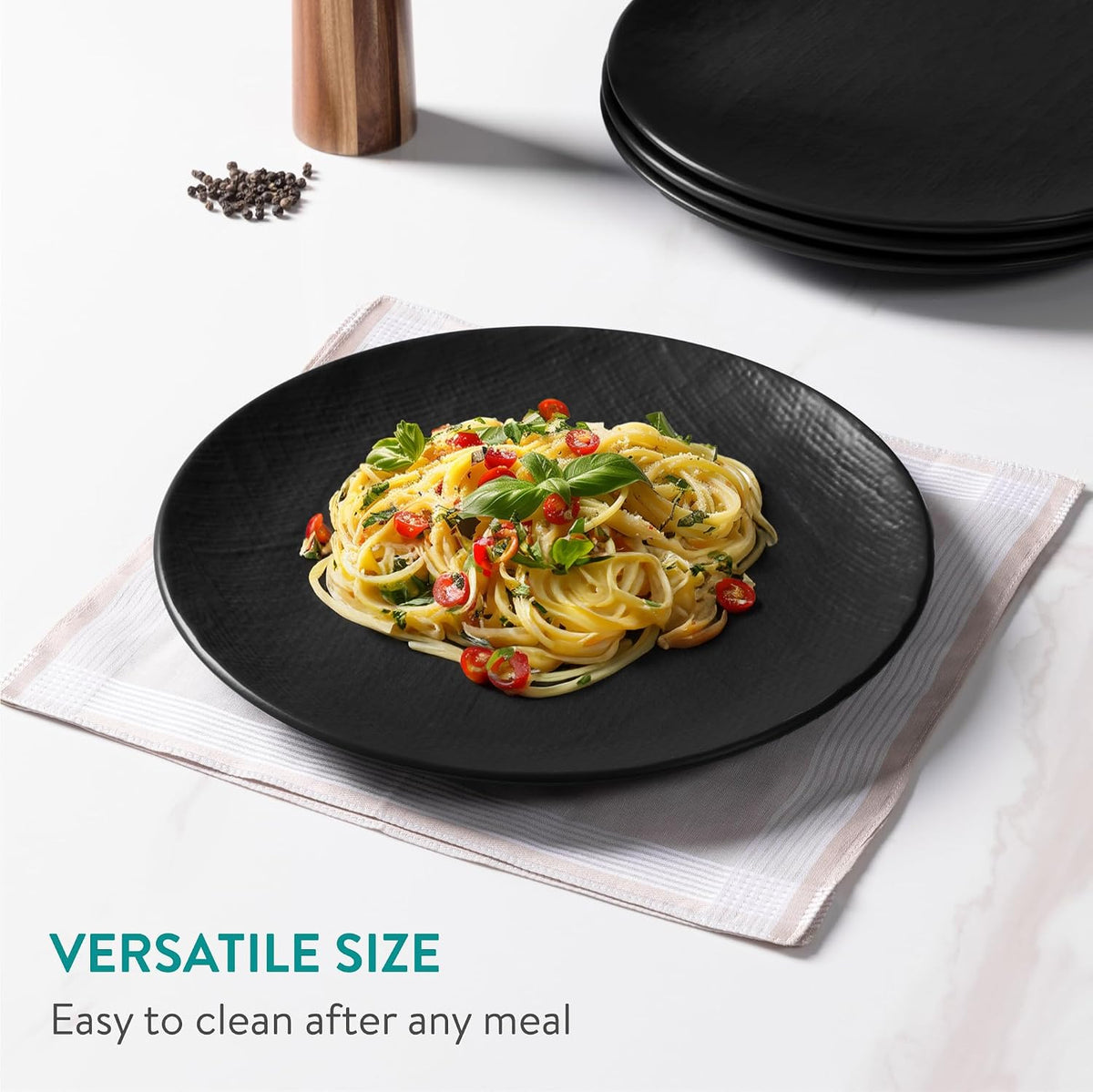 Navaris Linen Artisan Dinner Plate Set - 6-Piece Stoneware Plates, 10-5/8" / 27 cm, Charcoal Black - Full Master Case of 3