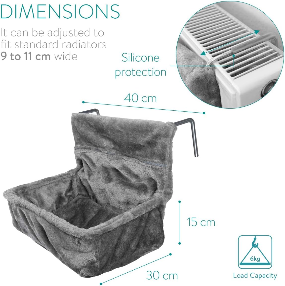 Navaris Cat Radiator Bed | Plush Hanging Hammock with Cushion & Adjustable Metal Frame | 40 x 30 x 15cm | Up to 6kg | Grey | Full Master Case of 10