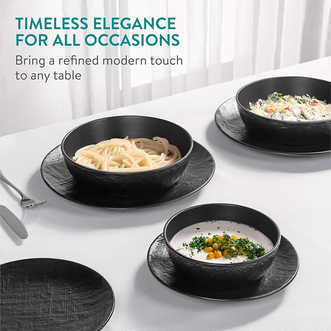 Navaris Linen Artisan 16-Piece Stoneware Dinnerware Set for 4 - Charcoal Black - Full Master Case of 1