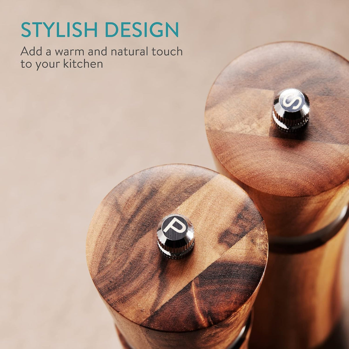 Navaris Acacia Wood Salt & Pepper Grinder Set with Tray - Adjustable Ceramic Mills, 21.3 cm (8.4") - Full Master Case of 12
