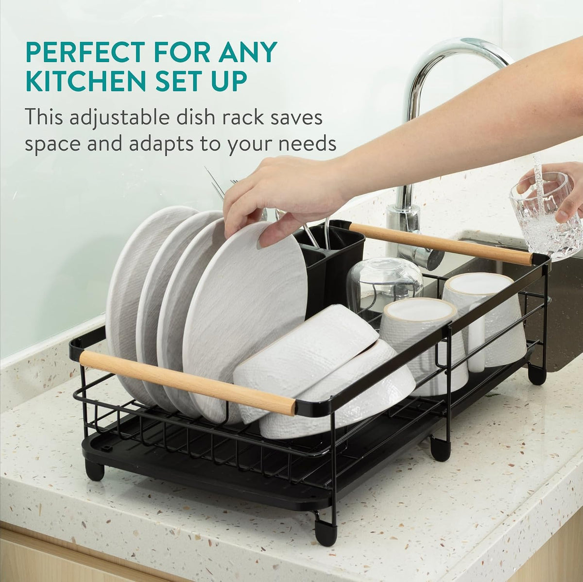 Navaris Expandable Dish Rack with Draining Board, Plate & Cutlery Holder - Black - Full Master Case of 3