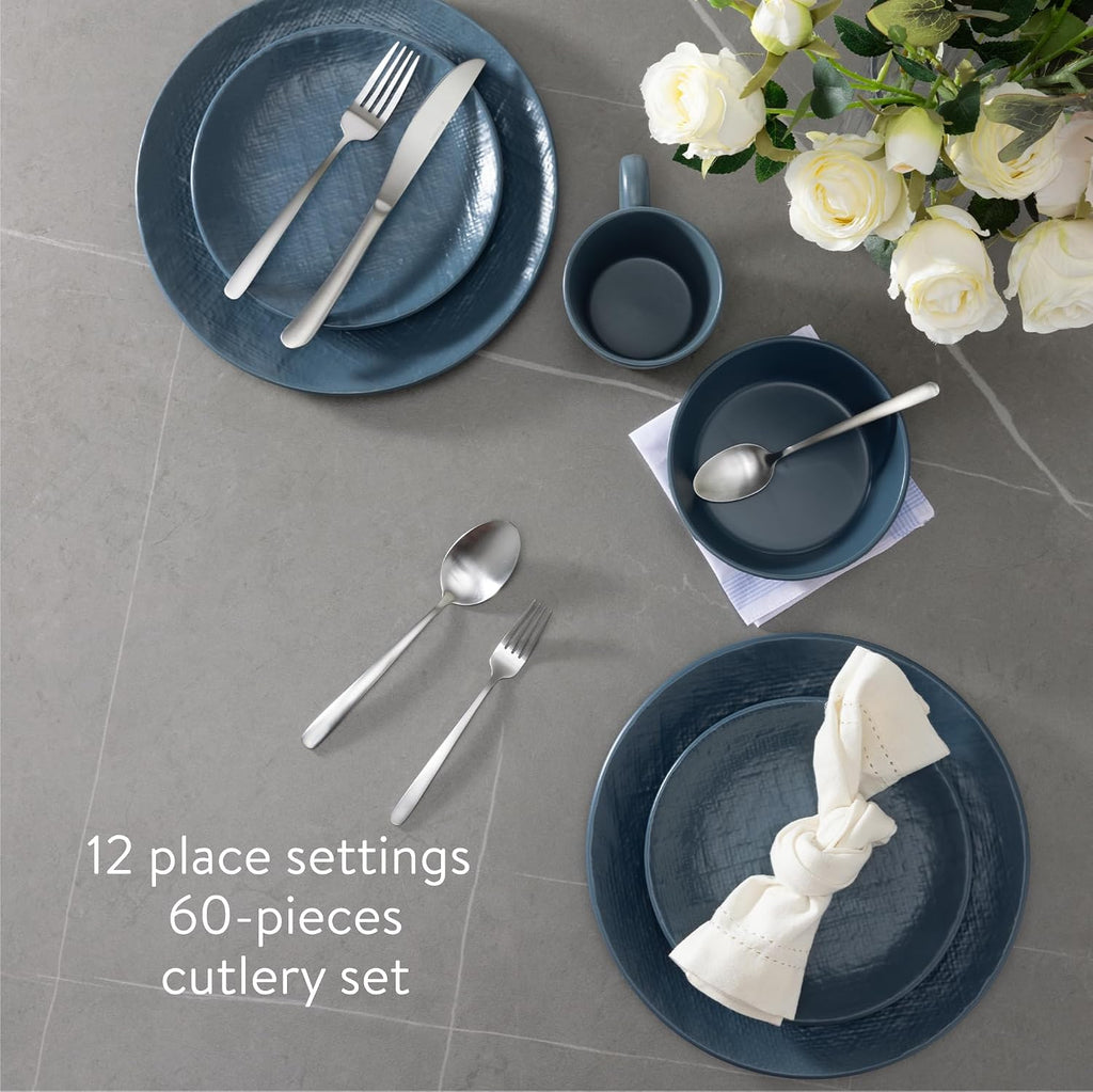 Navaris 60-Piece Silverware Set - 18/0 Stainless Steel Satin Silver Cutlery Set for 12 - Full Master Case of 4