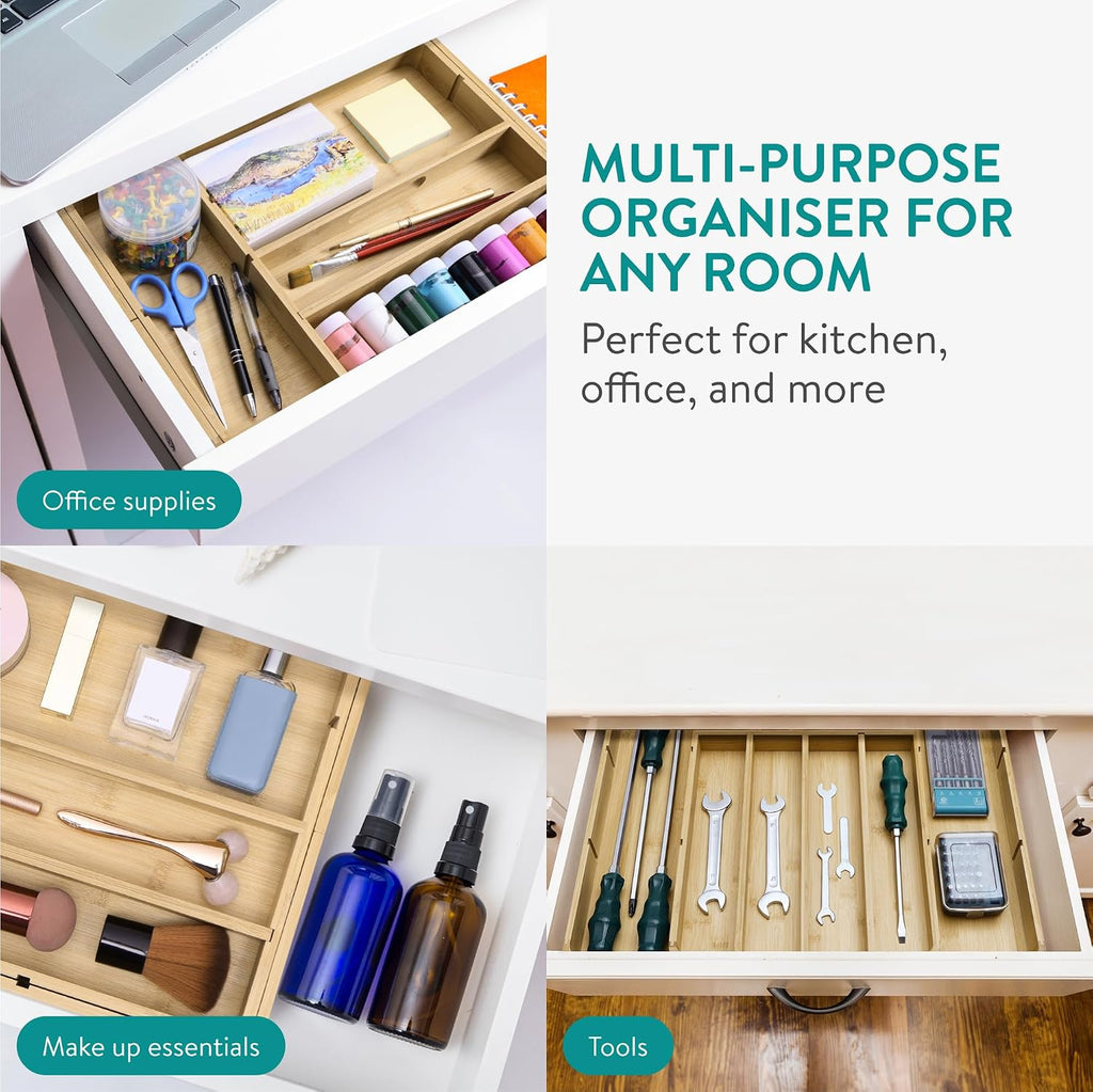 Navaris Bamboo Expandable Kitchen Drawer Organizer - 11-Slot Cutlery & Utensil Tray - Full Master Case of 5