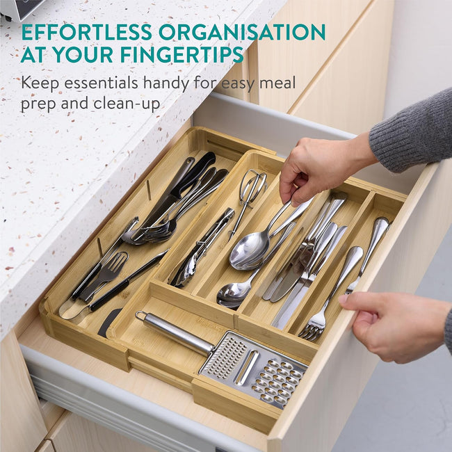 Navaris Bamboo Expandable Kitchen Drawer Organizer - 11-Slot Cutlery & Utensil Tray - Full Master Case of 5 Main Image