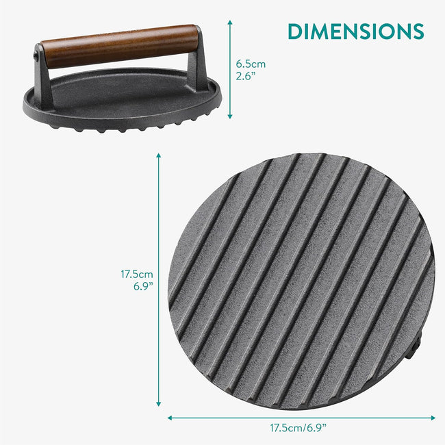 Navaris Cast Iron Round Burger Smasher with Wooden Handle | 6.9" Smash Burger Press | Full Master Case of 10 Main Image