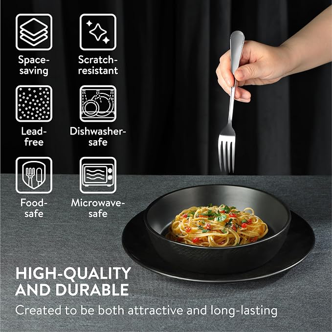 Navaris Linen Artisan 16-Piece Stoneware Dinnerware Set for 4 - Charcoal Black - Full Master Case of 1