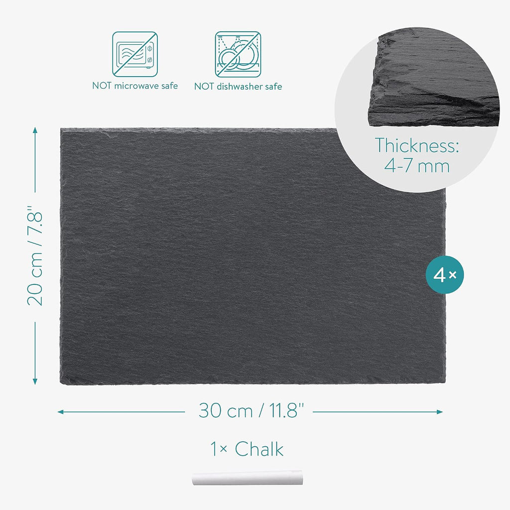 Navaris Natural Slate Serving Plates Set of 4 | 11.8 x 7.8" Rectangular Slate Platters | Includes Chalk | Full Master Case of 1