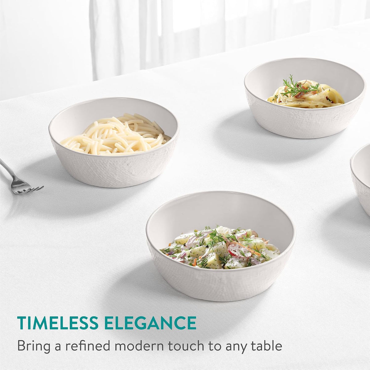 Navaris Linen Textured Ceramic Cereal Bowls - Set of 6, 15 cm, Linen White - Full Master Case of 4
