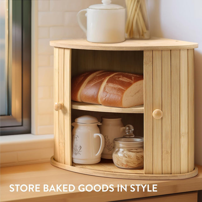 Navaris Wooden Bread Box with Sliding Doors - Farmhouse Corner Kitchen Counter Bread Storage, 30 x 30 x 31 cm - Full Master Case of 4 Main Image