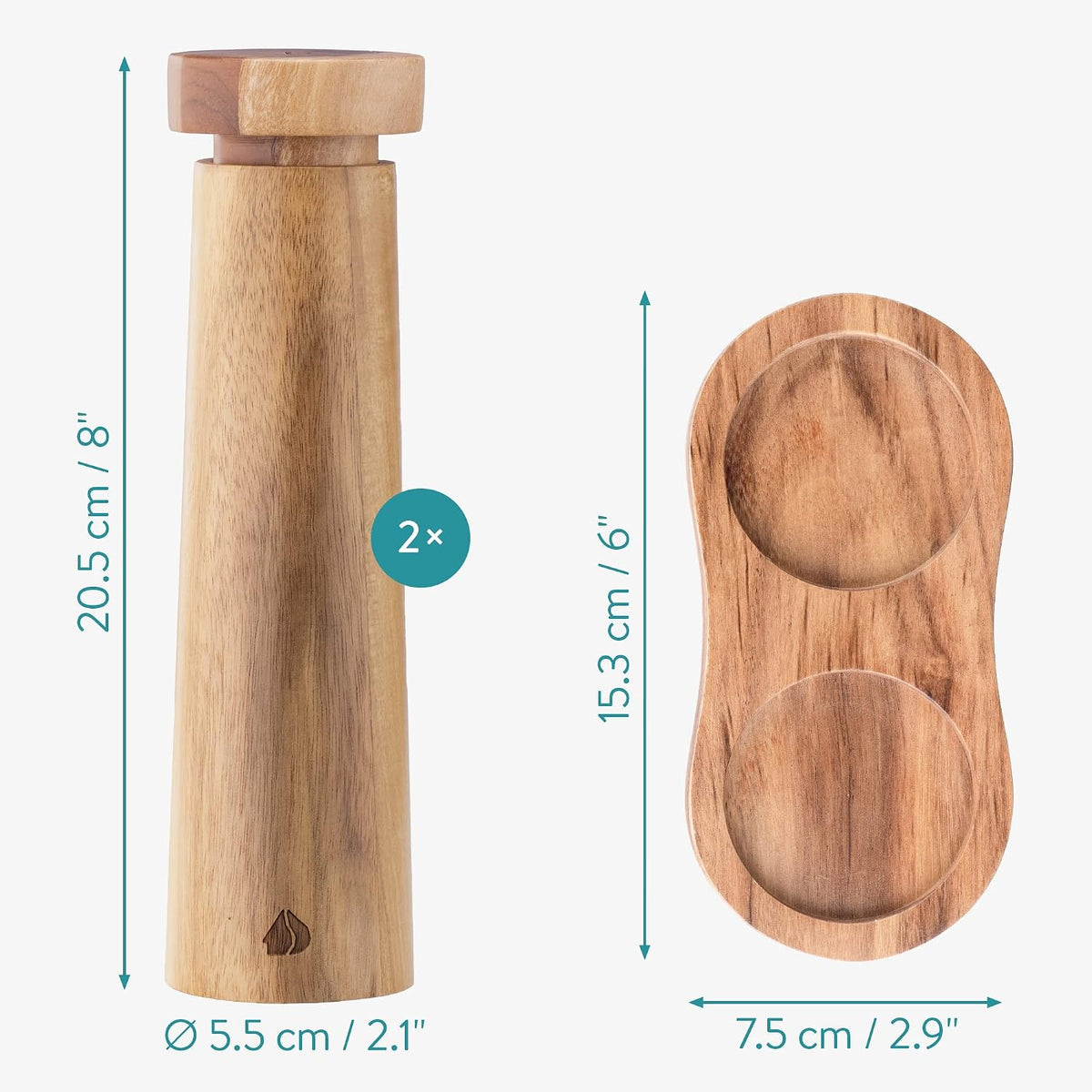 Navaris Adjustable Acacia Wood Salt & Pepper Mill Set with Tray - Ceramic Grinder - Full Master Case of 12