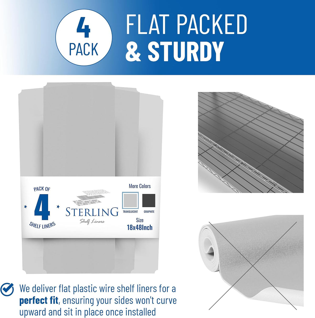 Sterling Shelf Liners Wire Rack Covers – 18 x 48 Inch Plastic Shelf Mats, Graphite, Set of 4