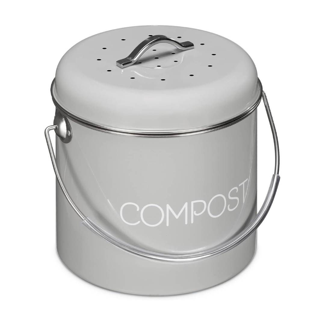 Navaris Metal Compost Caddy Bin - 3L Kitchen Compost Bucket with Lid & Charcoal Filters - Grey - Full Master Case of 4