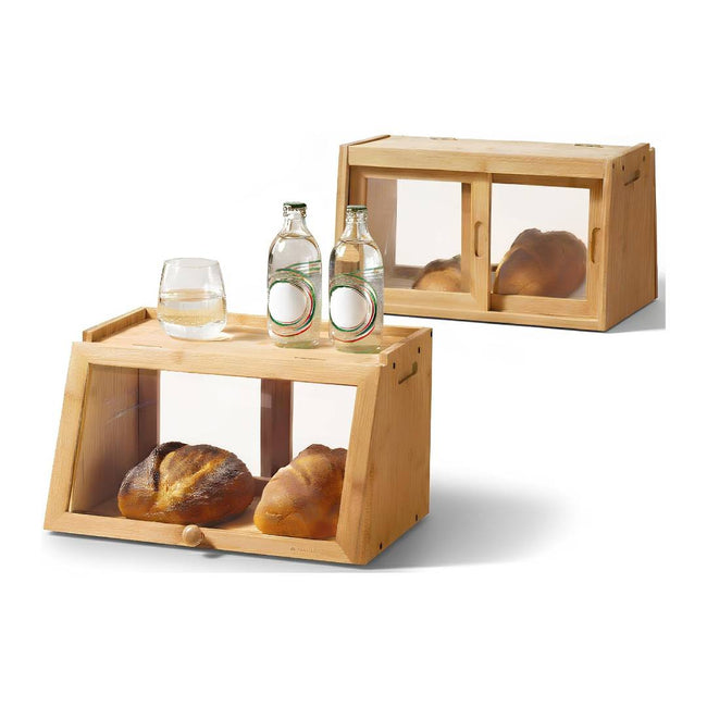 Navaris Bamboo Bread Box with Clear Front & Back Doors - Large Farmhouse Kitchen Storage, 39.5 x 26 x 23 cm - Full Master Case of 6 Hover Image