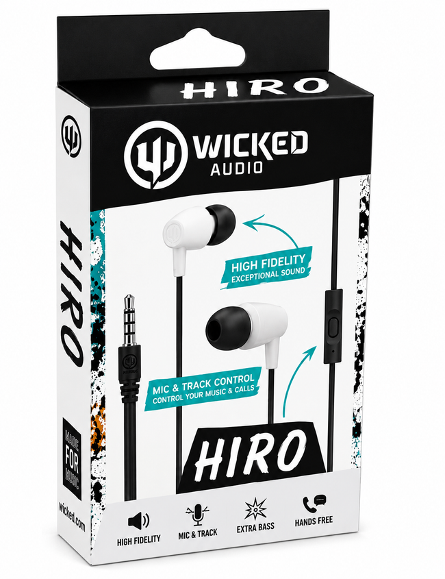 Wicked Audio Hiro Wired Earbuds with Mic - White - Full Master Case of 60 Main Image